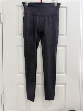 SPANX Black Faux Leather Leggings with Red Logo Tag